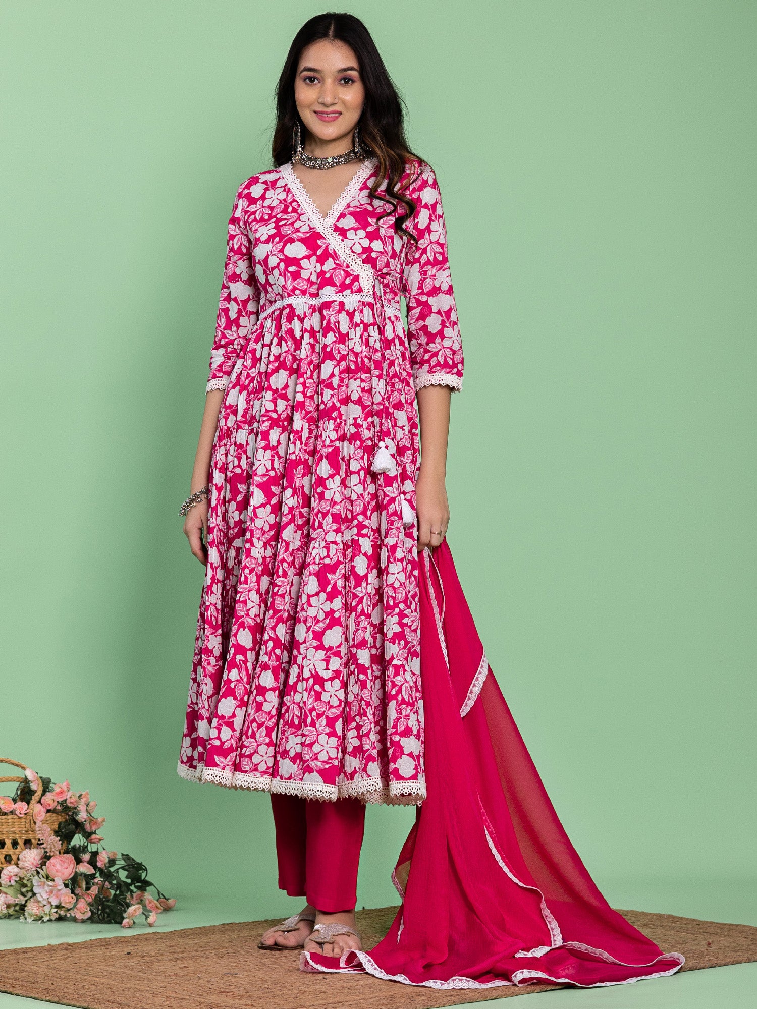 Pink Cotton Flared Floral Printed Angrakha Kurta Set
